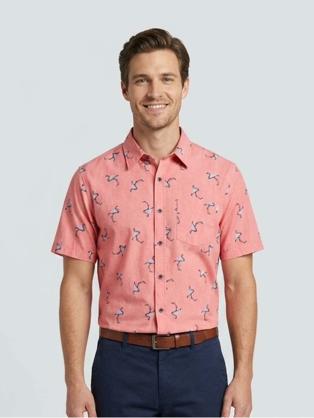 Rustic Blue Men's Short-Sleeve Flamingo Print Shirt - Coral Pink